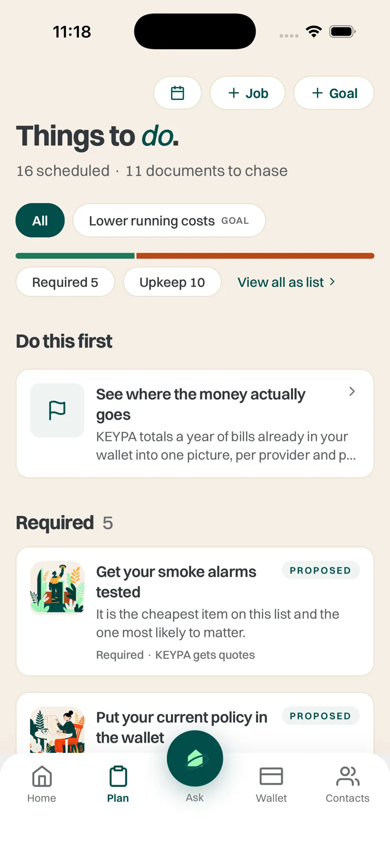 Keypa plan screen with the year of home dates