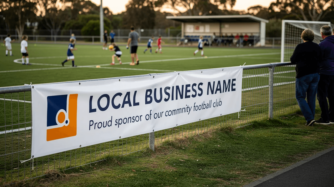 A vibrant sponsor banner is prominently displayed at a community football ground, showcasing local businesses that support grassroots football. This banner highlights the importance of community engagement in the football industry, contributing to the development and long-term sustainability of local clubs and their teams.