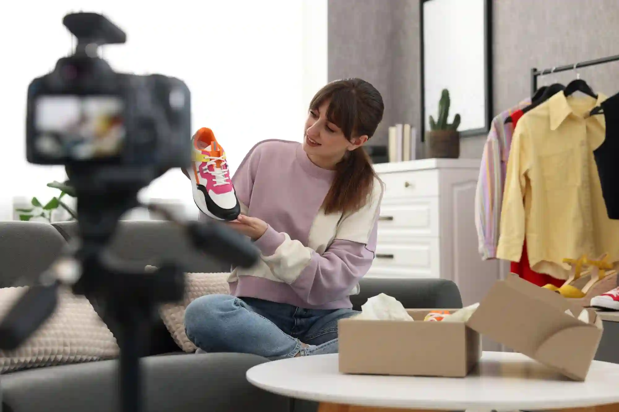 A woman is holding up a sneaker while recording a video.