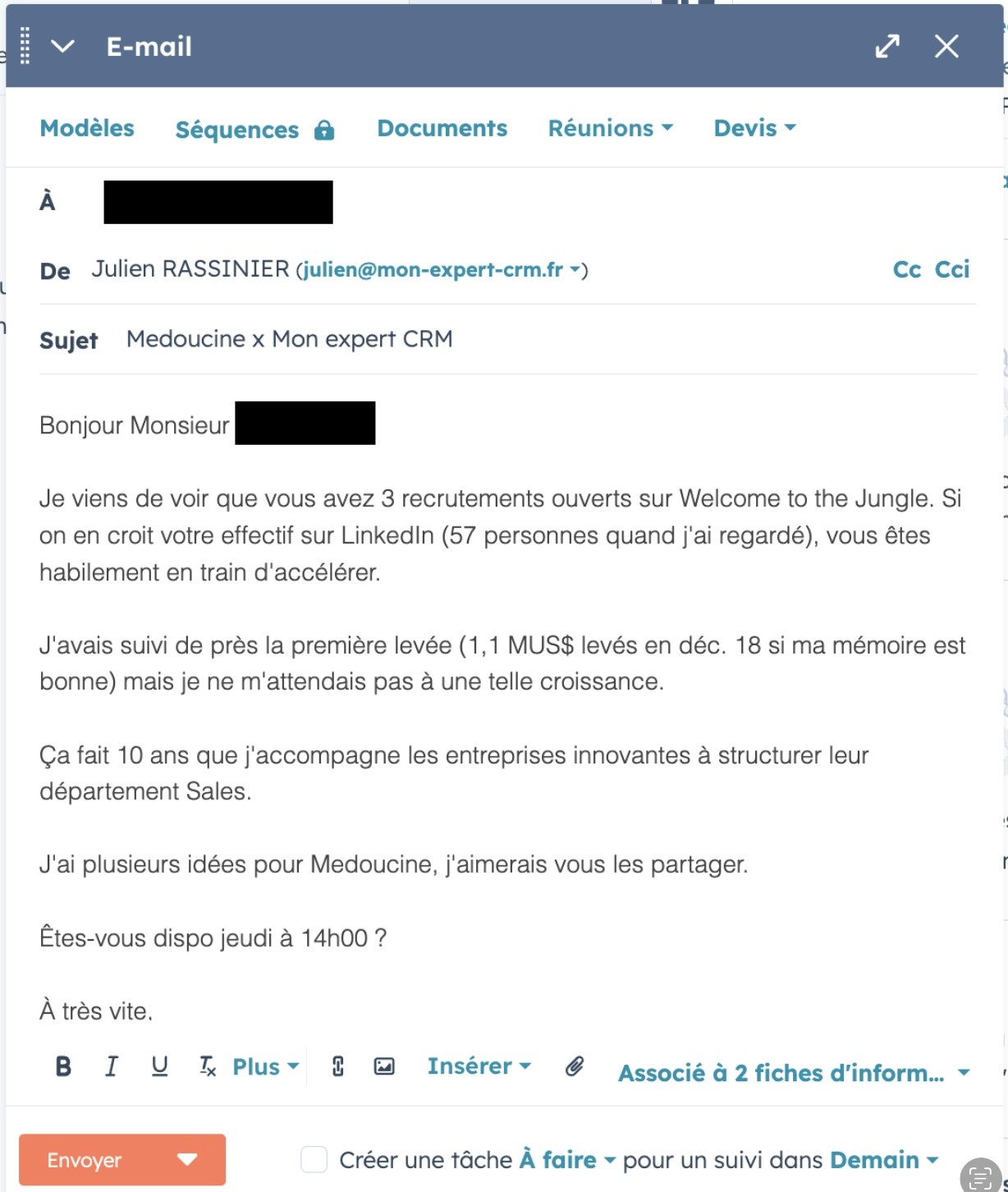 Aperçu dans HubSpot de l’e-mail de prospection final envoyé à un décisionnaire, avec données enrichies Pharow : nombre de recrutements, effectif LinkedIn, levée de fonds et personnalisation complète du message.