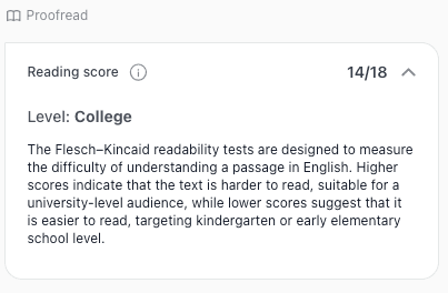 thesify proofread card showing a Flesch–Kincaid reading score for language clarity checks on a draft.