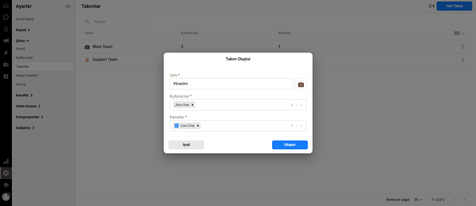 Screenshot of the Create Team modal showing Name, Users, and Channels dropdowns