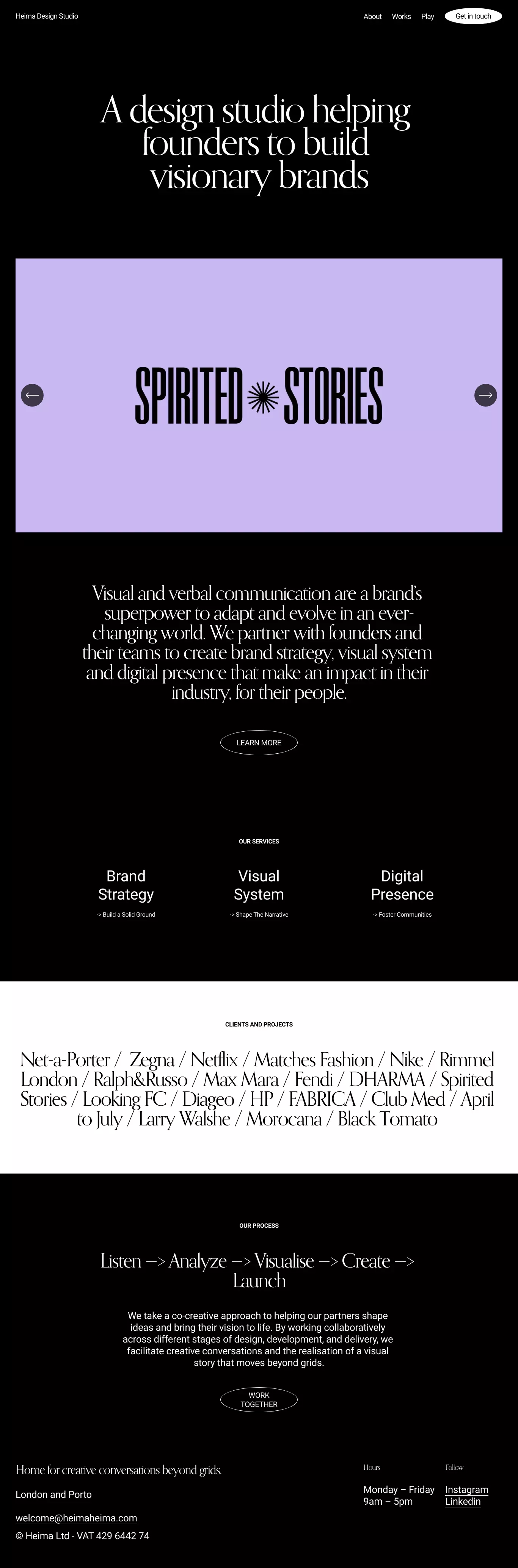 Heima Design Studio portfolio page screenshot showcasing Design and Tech design