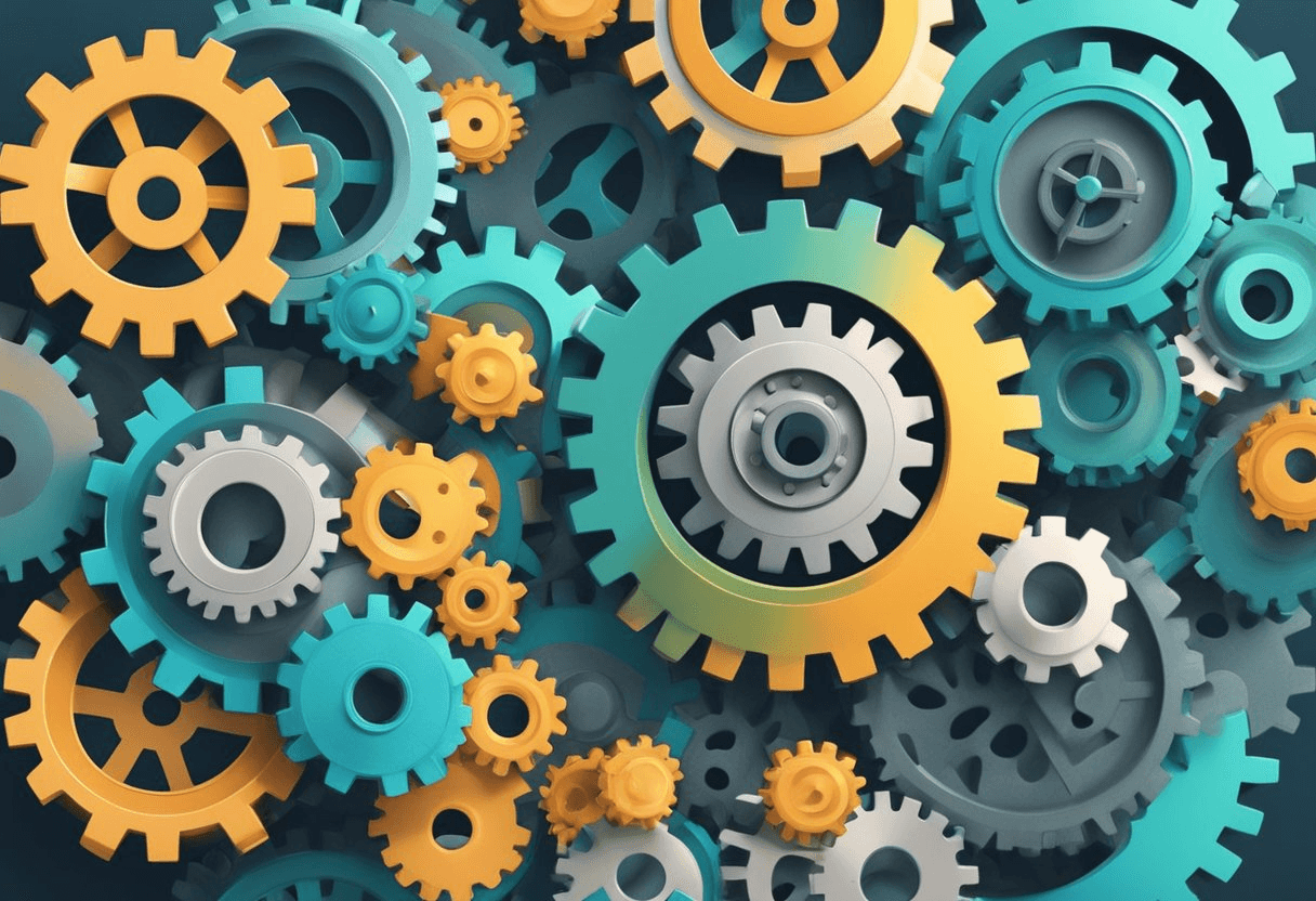 A group of interconnected gears turning in unison, symbolizing the concept of job rotation and career development