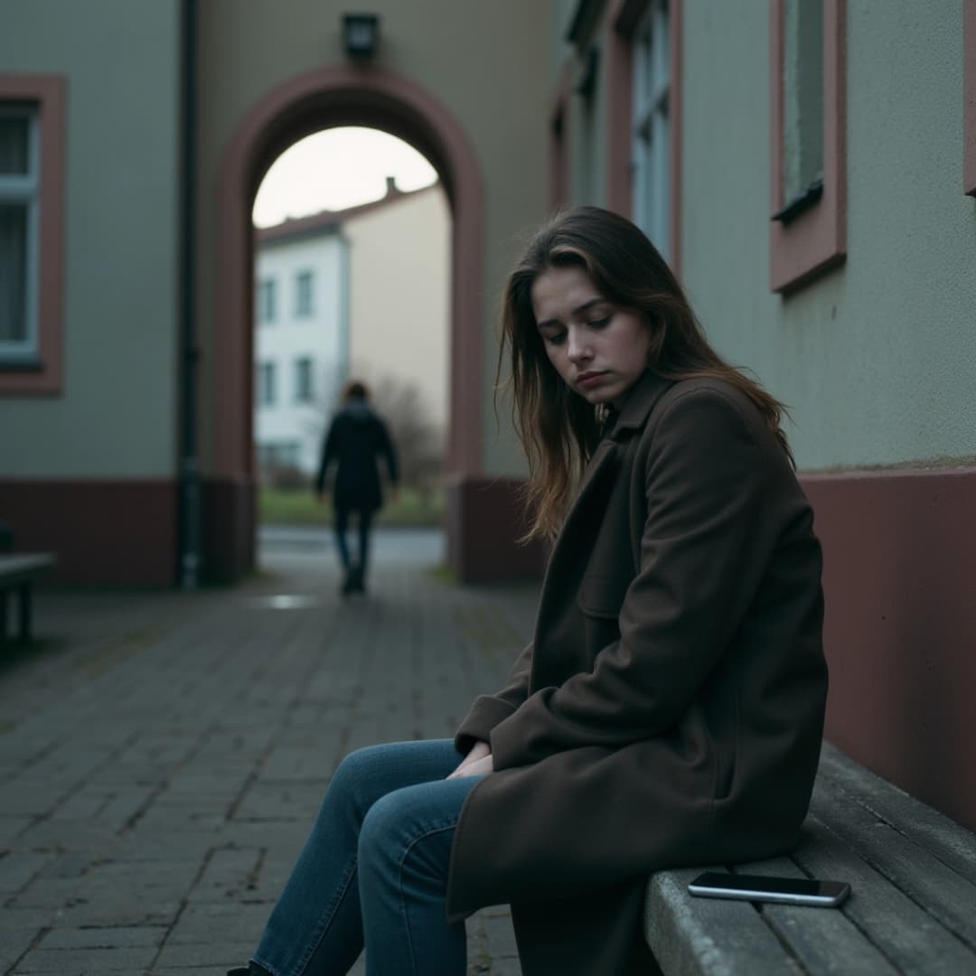 eine frau mit traurigen blick, sitzt auf einer bank und schaut auf ihr handy, das neben ihr auf der bank liegt