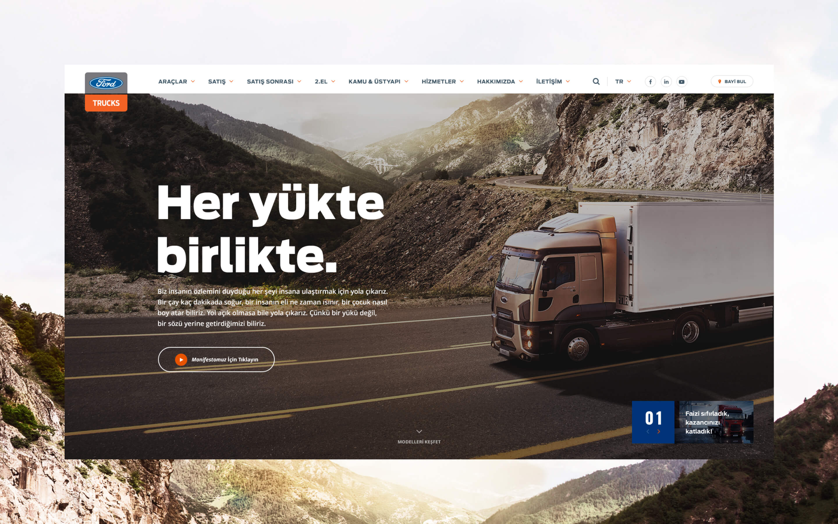 Ford Trucks website hero section by Burak Canpolat with bold branding, UX design, mountain road truck image, and slogan 'Her yükte birlikte'.