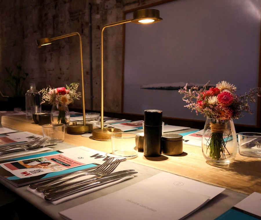restaurant table with pink flowers