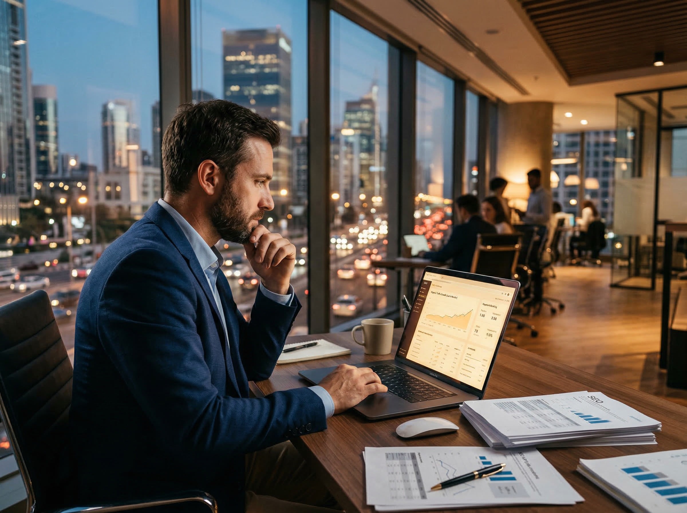 Man in a blue suit seated at a desk studying a laptop with charts and graphs, city lights visible through floor-to-ceiling windows at dusk.