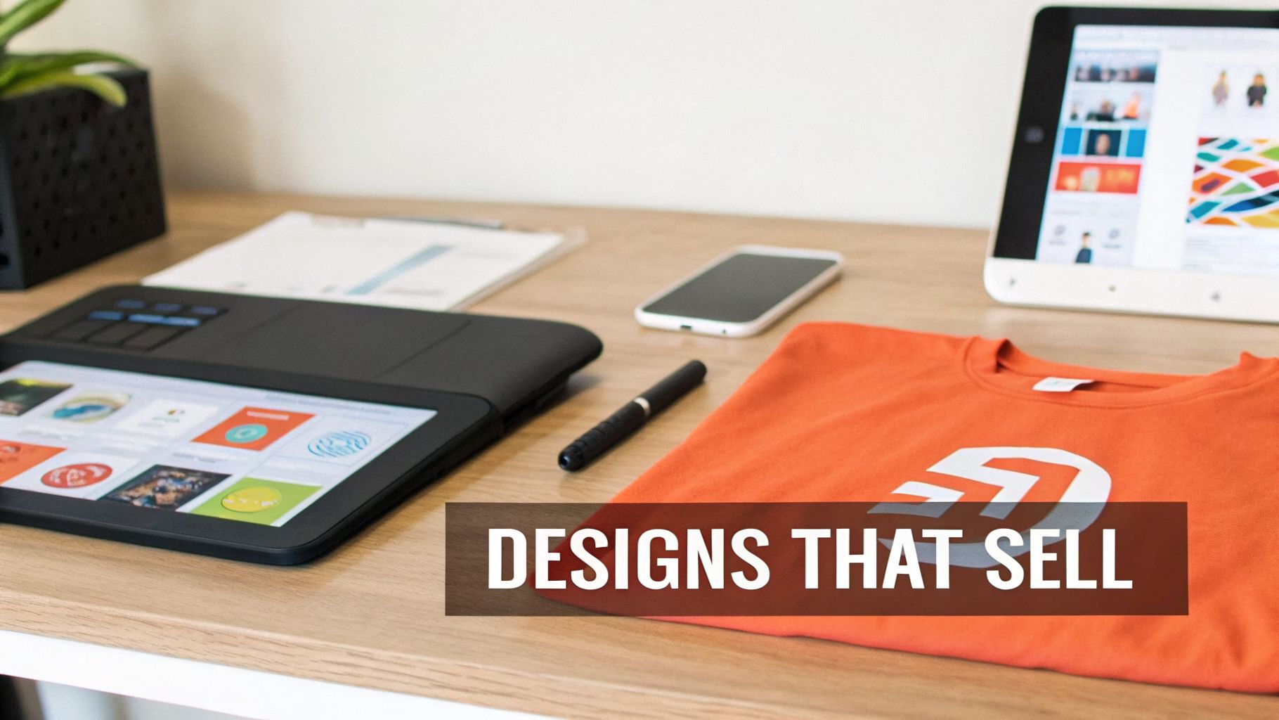 Desk with graphic tablet showing designs, a smartphone, and an orange t-shirt, highlighting merchandise design.