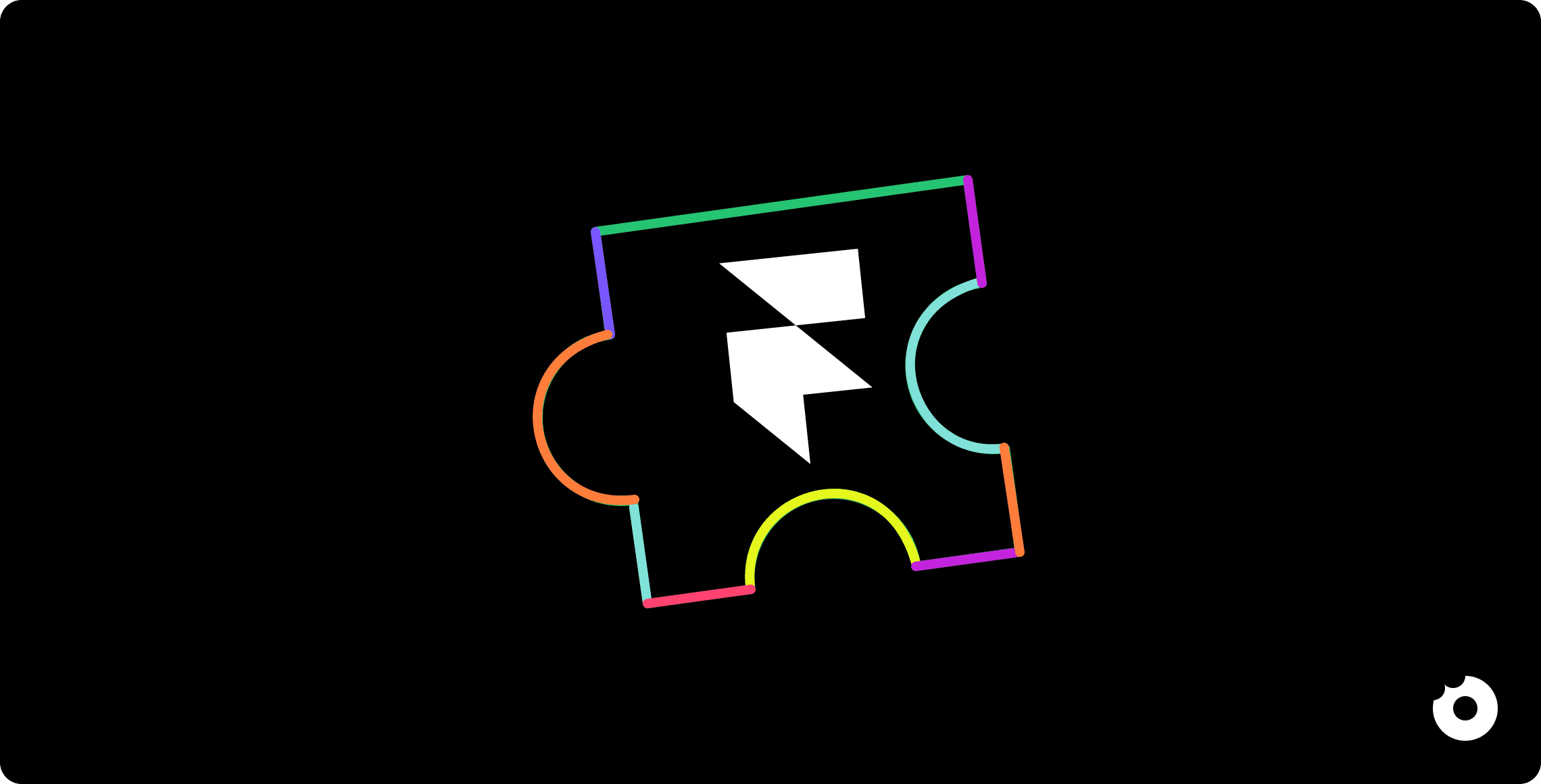 Colorful puzzle piece icon with a stylized lightning bolt at the center on a black background