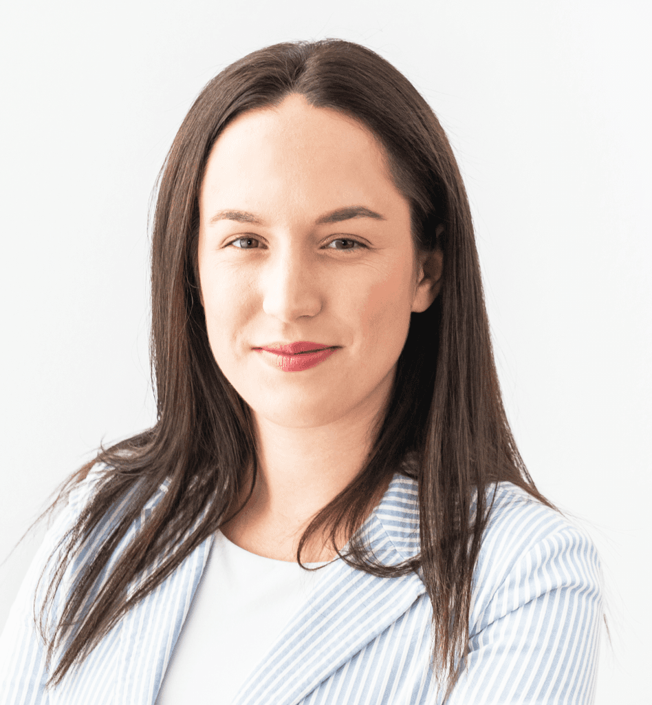 A woman works with a floating UI