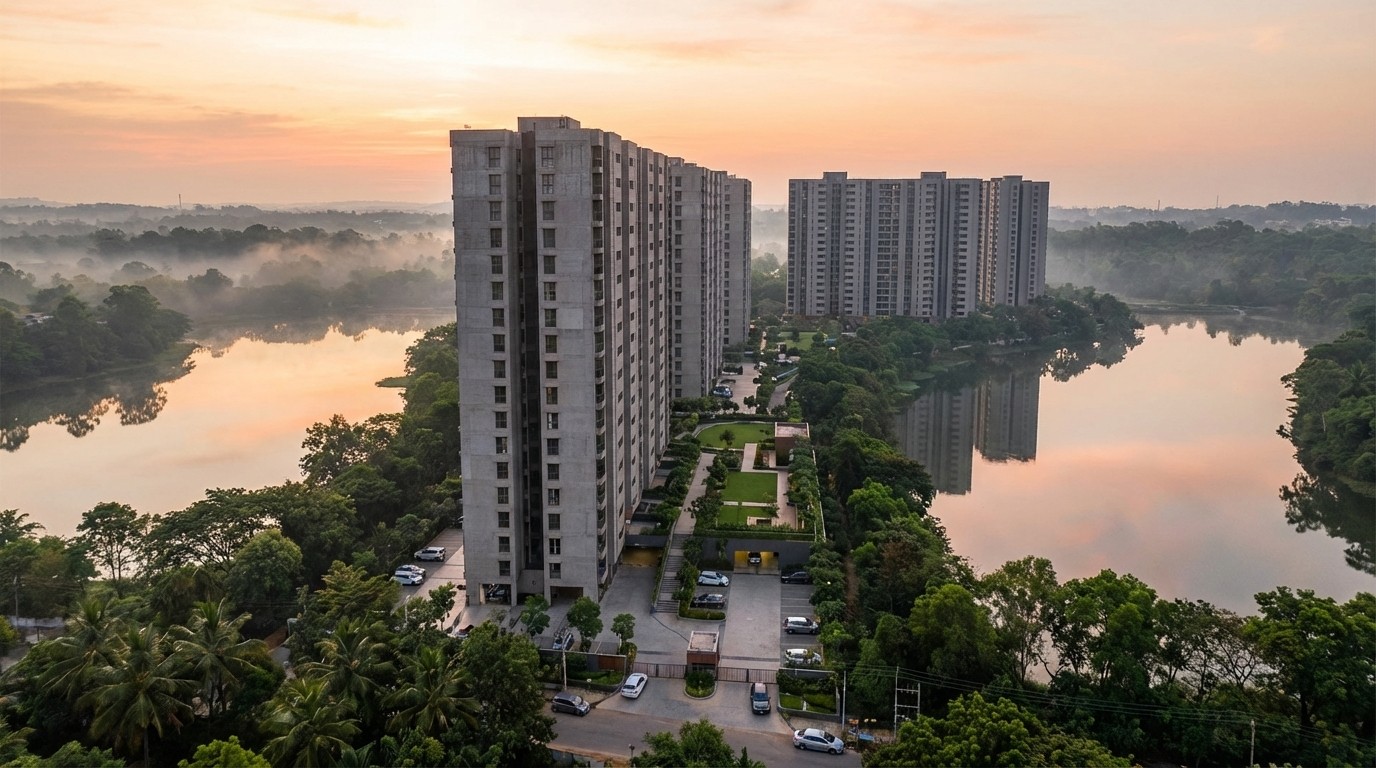 Rooftop sky lounge at Prestige Vaishnaoi Rainbow Waters, 36-storey residential tower in Gachibowli, with HITEC City skyline