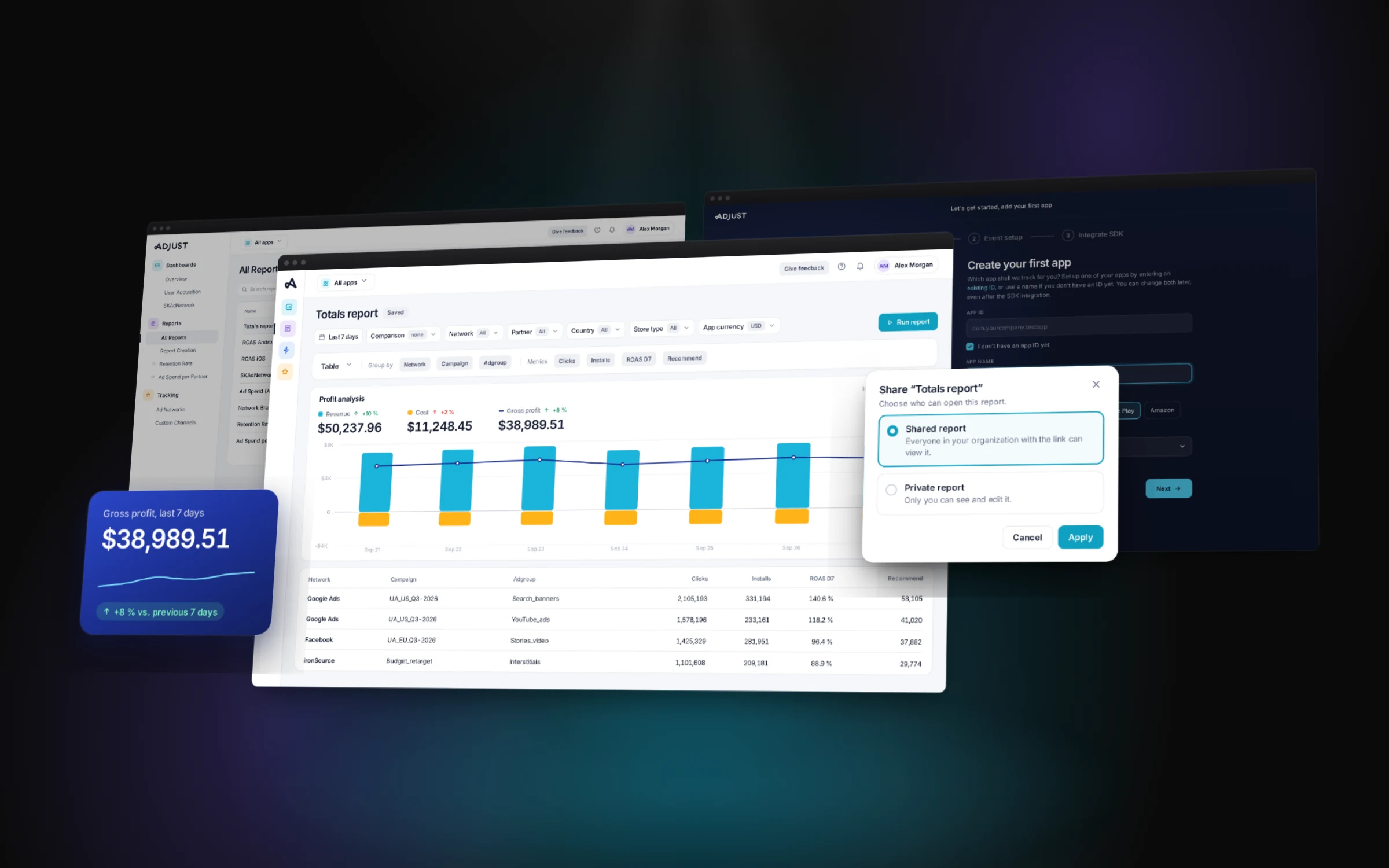 Illustrative interface views: totals report with profit analysis, report library and app onboarding