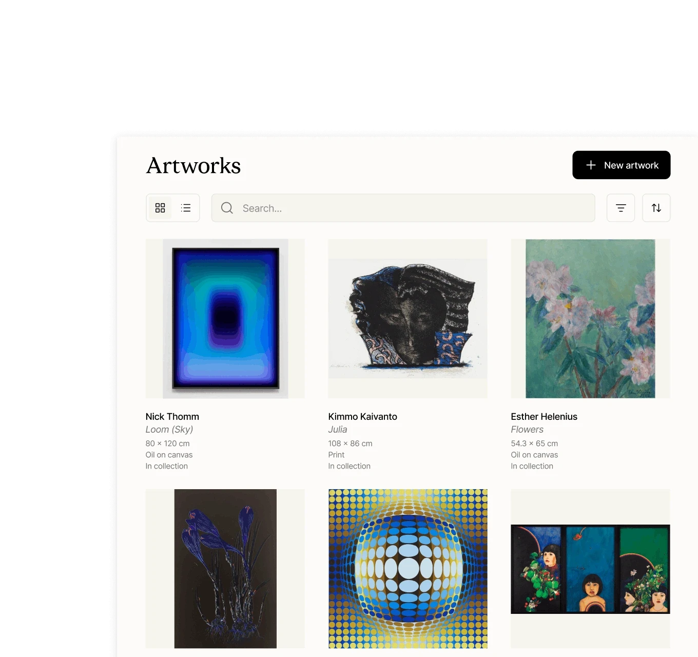 Artwork grid with 3 artworks in the middle artwork card with artist, artwork title and metadata.