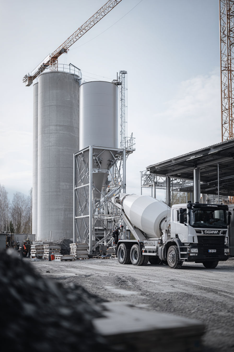 caminhão sendo carregado com concreto em uma usina de produção de concreto