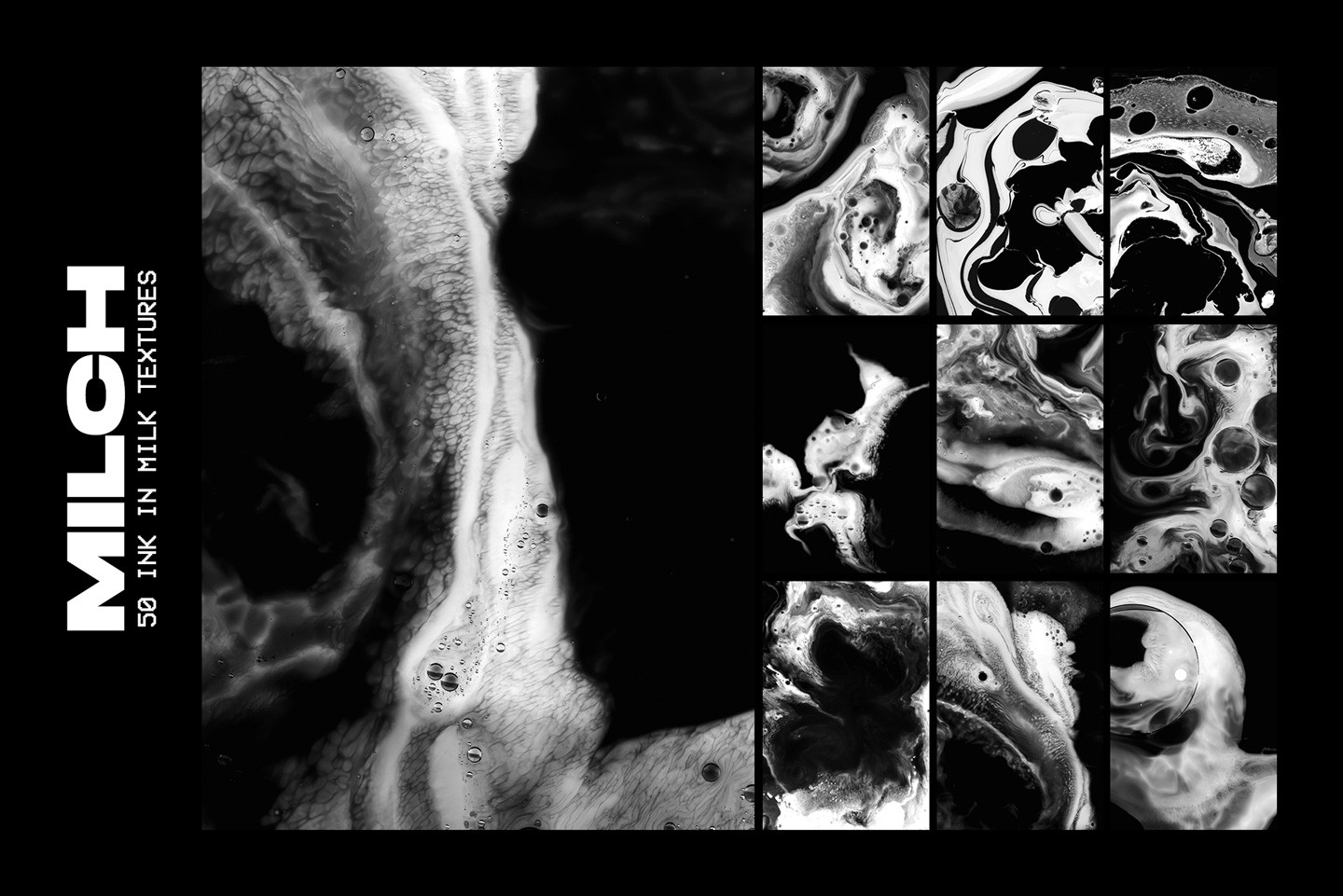 Fifty abstract ink in milk textures displaying organic liquid movements and black and white swirls