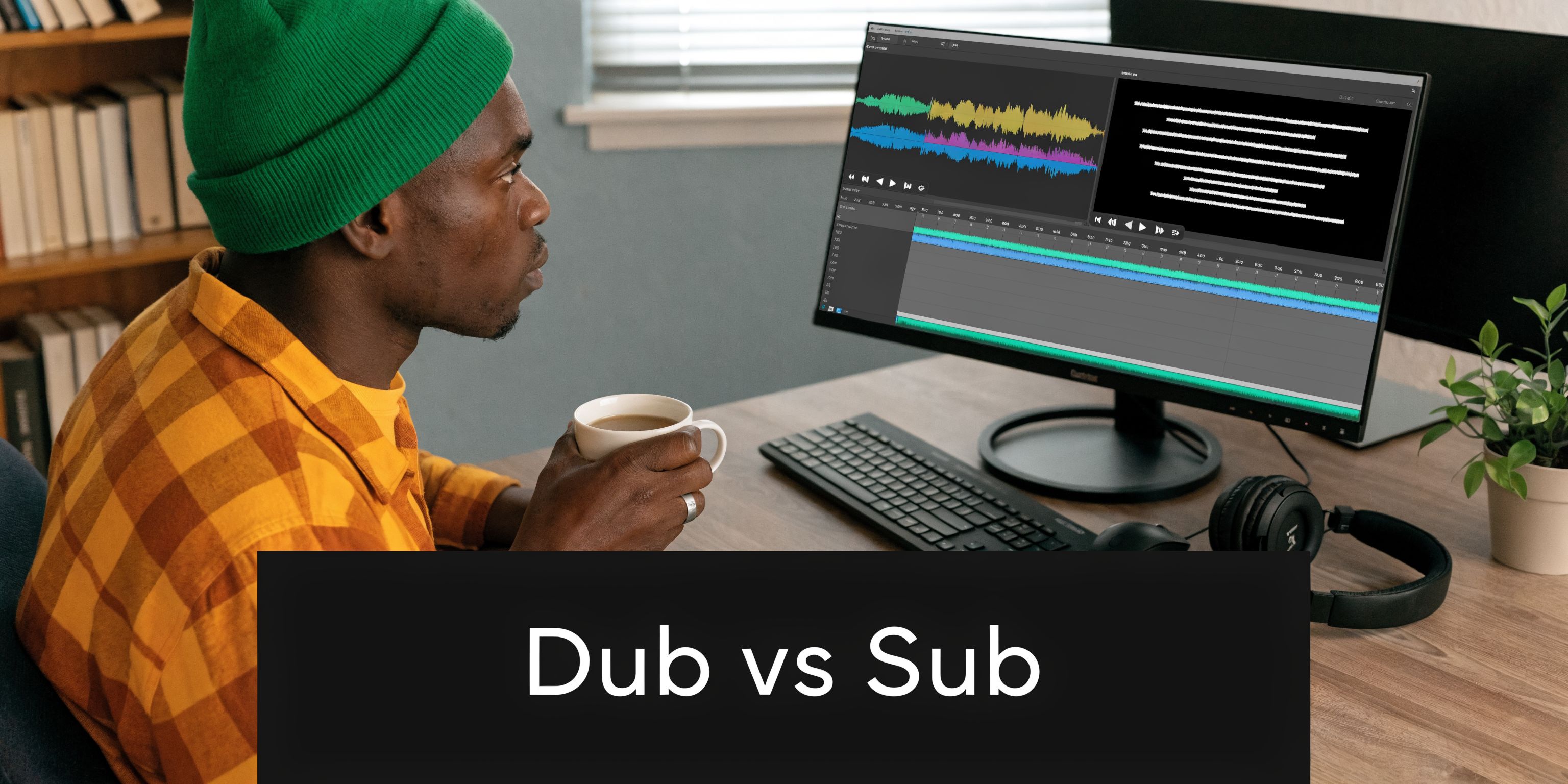 A person wearing a green beanie editing audio and video files on a computer screen while drinking coffee.