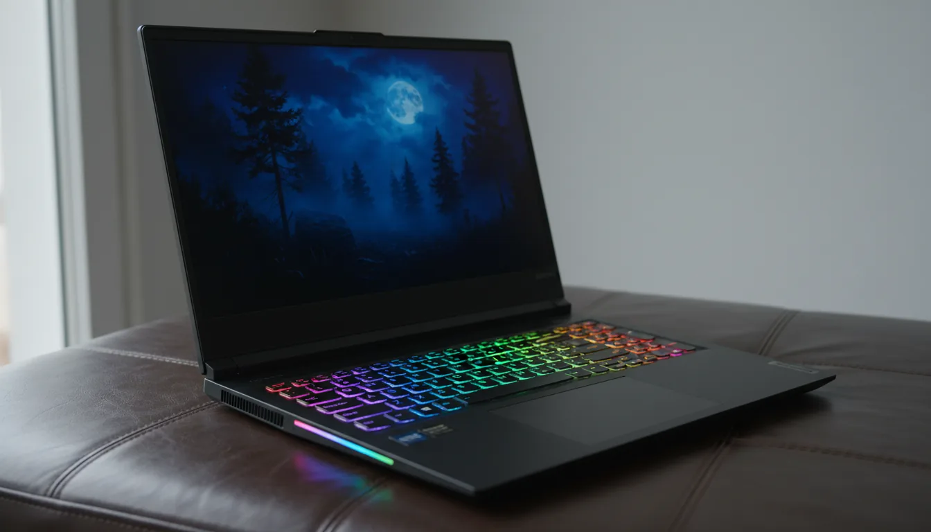 DSLR product photograph of a modern, matte black Lenovo Legion gaming laptop, positioned at a three-quarters angle on a dark leather surface. The laptop is open, and its screen displays a dark, atmospheric wallpaper featuring a forest at night with deep blue and purple tones. The keyboard is brightly lit with a vibrant, multi-color rainbow gradient RGB backlight. A subtle RGB light strip along the front edge of the laptop casts a colorful reflection on the surface below. The scene is lit by soft, even daylight and the glow from the laptop itself, with a sharp focus on the device and a shallow depth of field that softly blurs the plain, light-colored wall in the background.