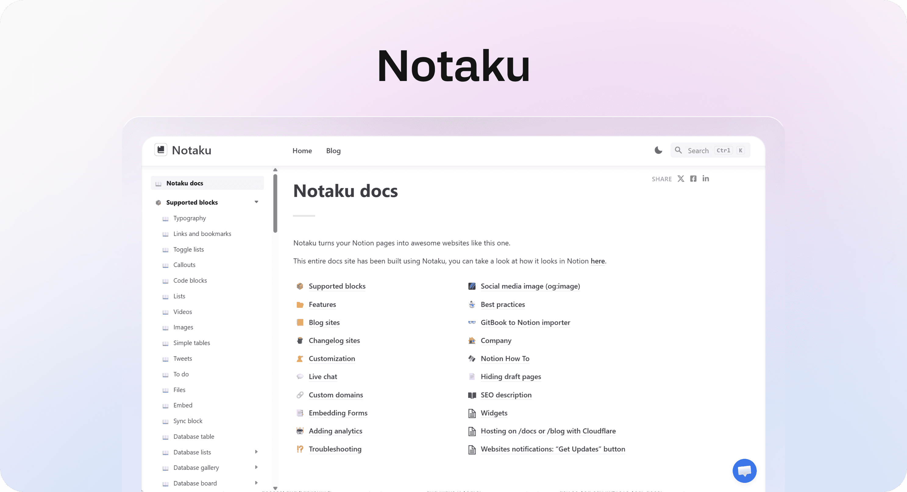 Notaku help desk view with a Notion-powered support site, search, categories, and article navigation.