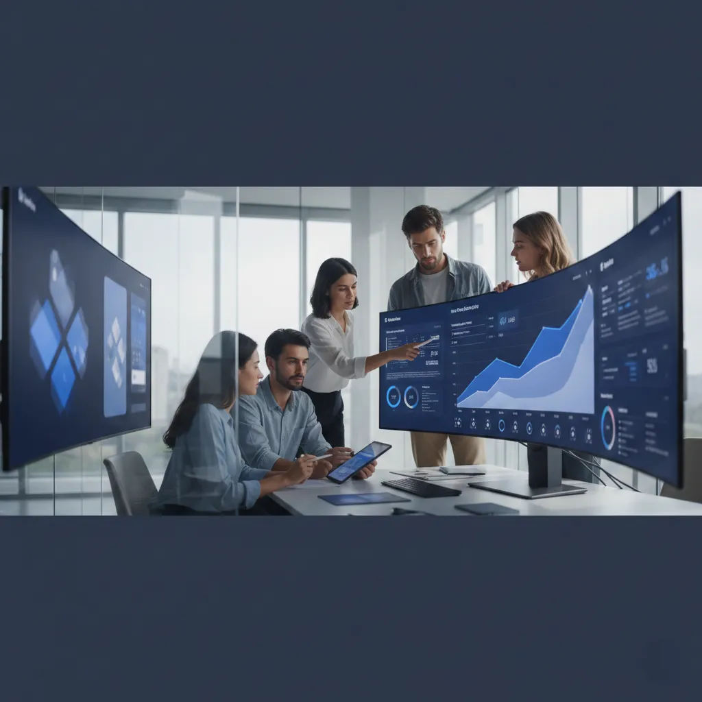 Two digital marketers analyzing Facebook Ads performance data on a computer screen and laptop, focusing on ROAS and profitability metrics in a well-lit modern office setting.