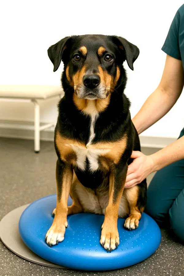 A dog sitting on a wobble cushion, perfroming physiotherapy conditioning with a physiotherapist