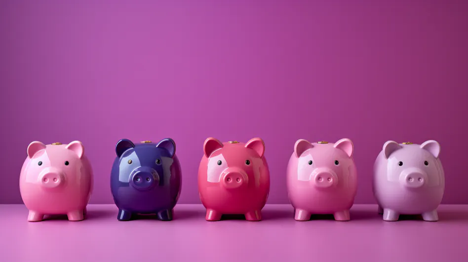 A row of piggybanks lined up in front of a pink wall