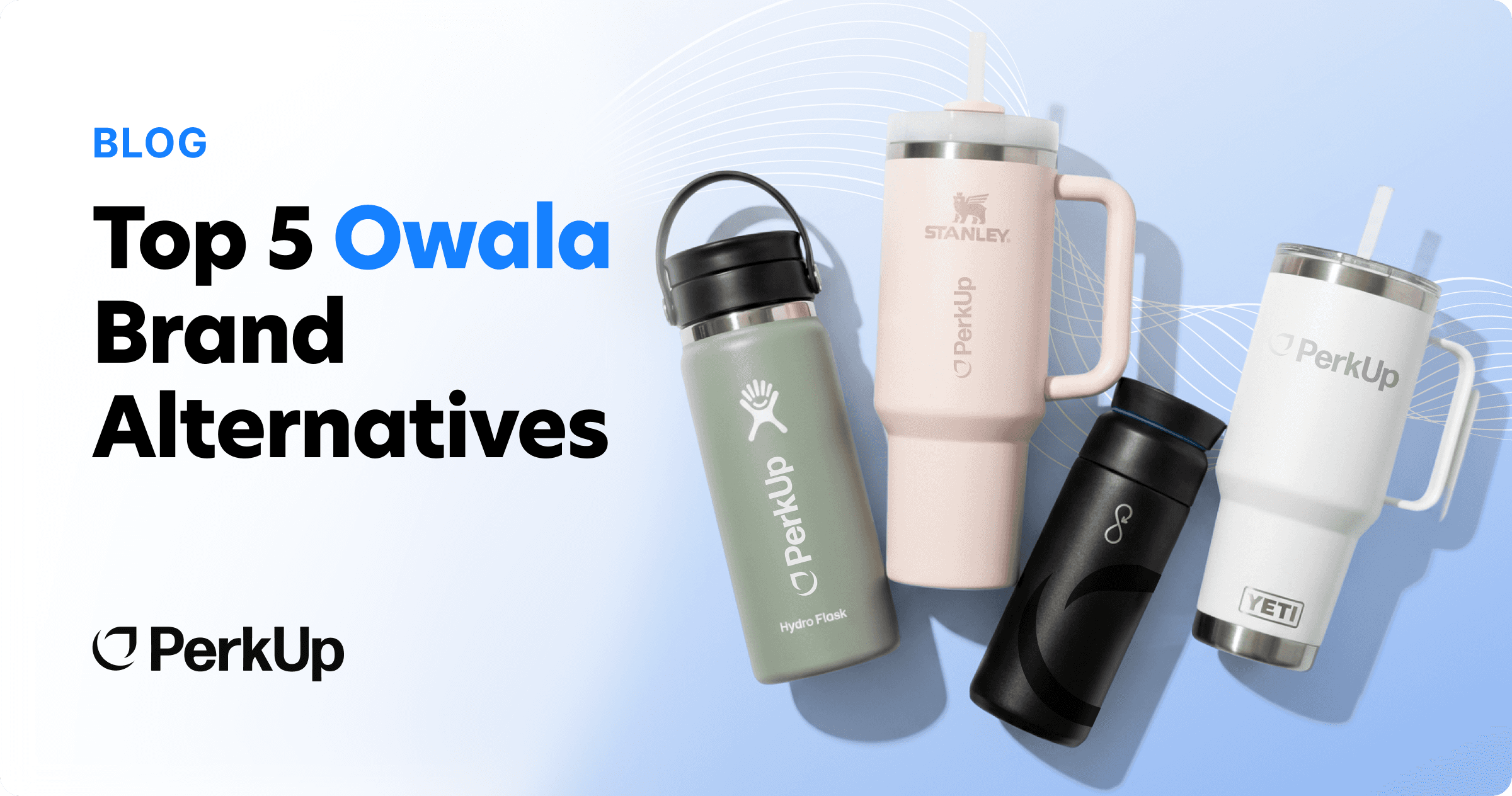 Owala brand alternatives, including Hydro Flask, Stanley, Ocean Bottle, and TYESO, with a text that says, "Top 5 Owala Brand Alternatives".