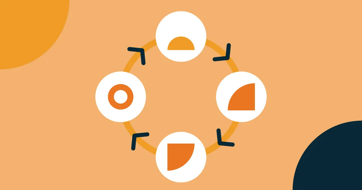 Diagrama circular com quatro formas abstratas em círculos brancos, conectadas sobre fundo pêssego.