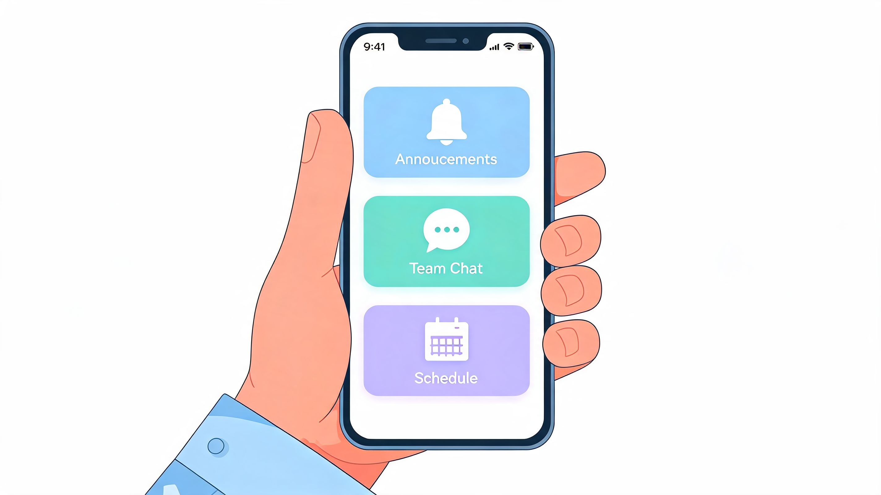 An illustration of a hand holding a smartphone displaying an employee communication app with dashboard buttons.