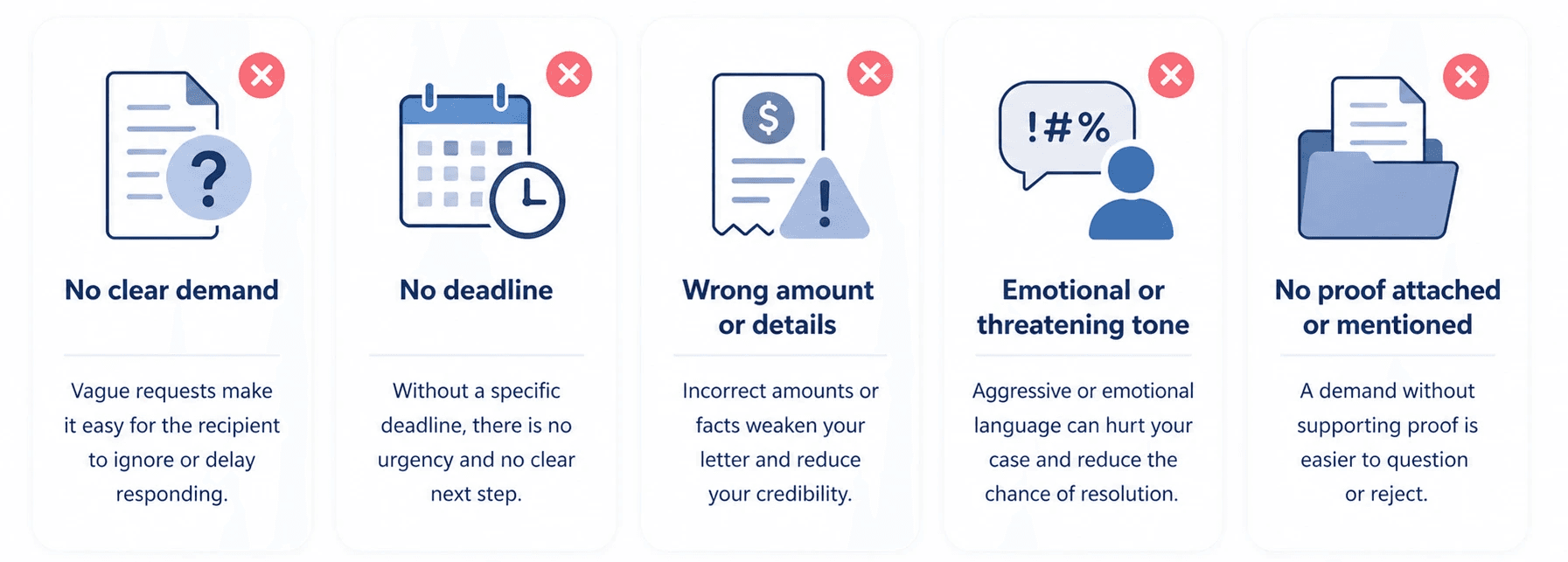 Avoid demand letter mistakes: clear demand, firm deadline, correct amount, professional tone, and proof attached.