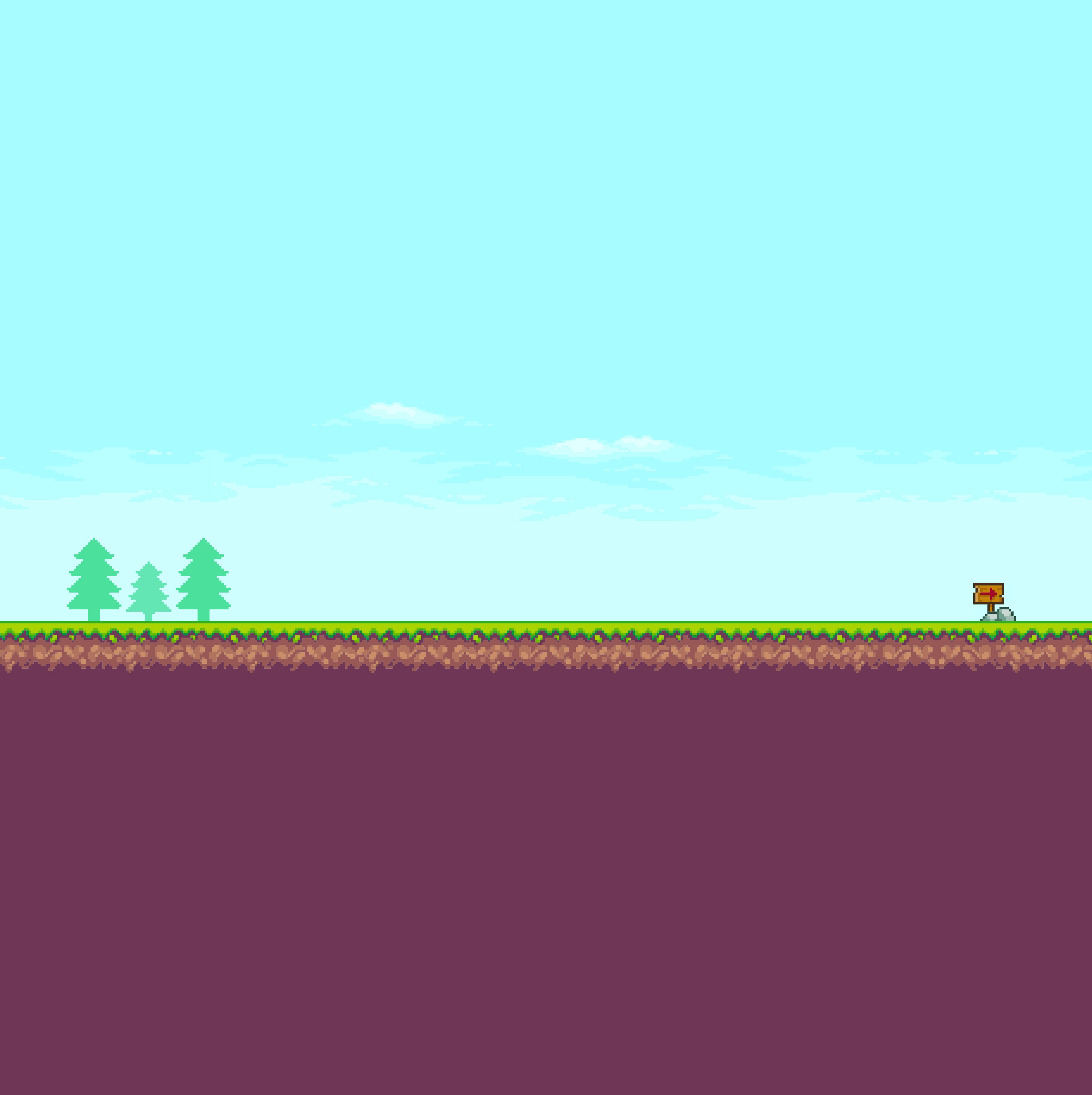 Pixel landscape with a blue sky, grassy platform, three fir trees, and a wooden sign with an arrow pointing right.