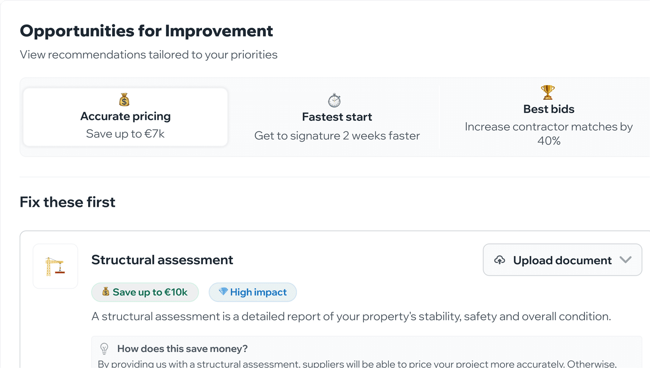 Optimize tab showing three priority filters - Accurate pricing, Fastest start, Best bids - with prioritized recommendations and cost savings for each action