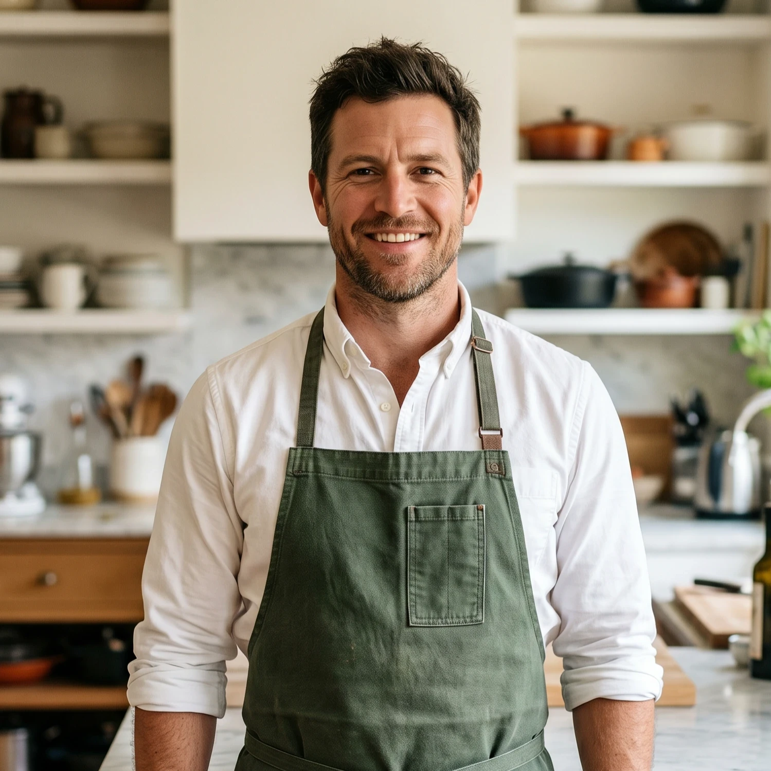 Daniel Cooper, hygiene consultant, wearing a green apron in a clean home setting