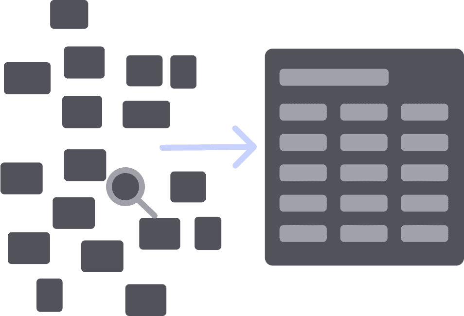 Alt text: Illustration showing small scattered squares on the left transforming into an organized table on the right, connected by an arrow, symbolizing data consolidation or tenant selection.