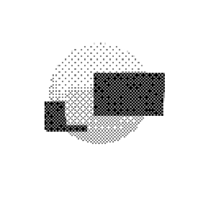 Pixelated black-and-white circular graphic with overlapping rectangular blocks and abstract patterns.