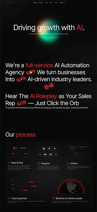 Homepage of a modern AI automation agency website. The hero section features the tagline 'Driving growth with AI' on a dark cosmic-themed background. Below, bold text highlights that the agency is a full-service AI automation partner turning businesses into AI-driven industry leaders. An interactive red orb is featured for AI roleplay as a sales rep. The page also outlines a five-step process: Meet & Plan, Propose, Deliver, Test & Optimise, and Become an Industry Leader, each with icons and visuals. The overall design uses dark UI with red and white typography for a futuristic tech feel.