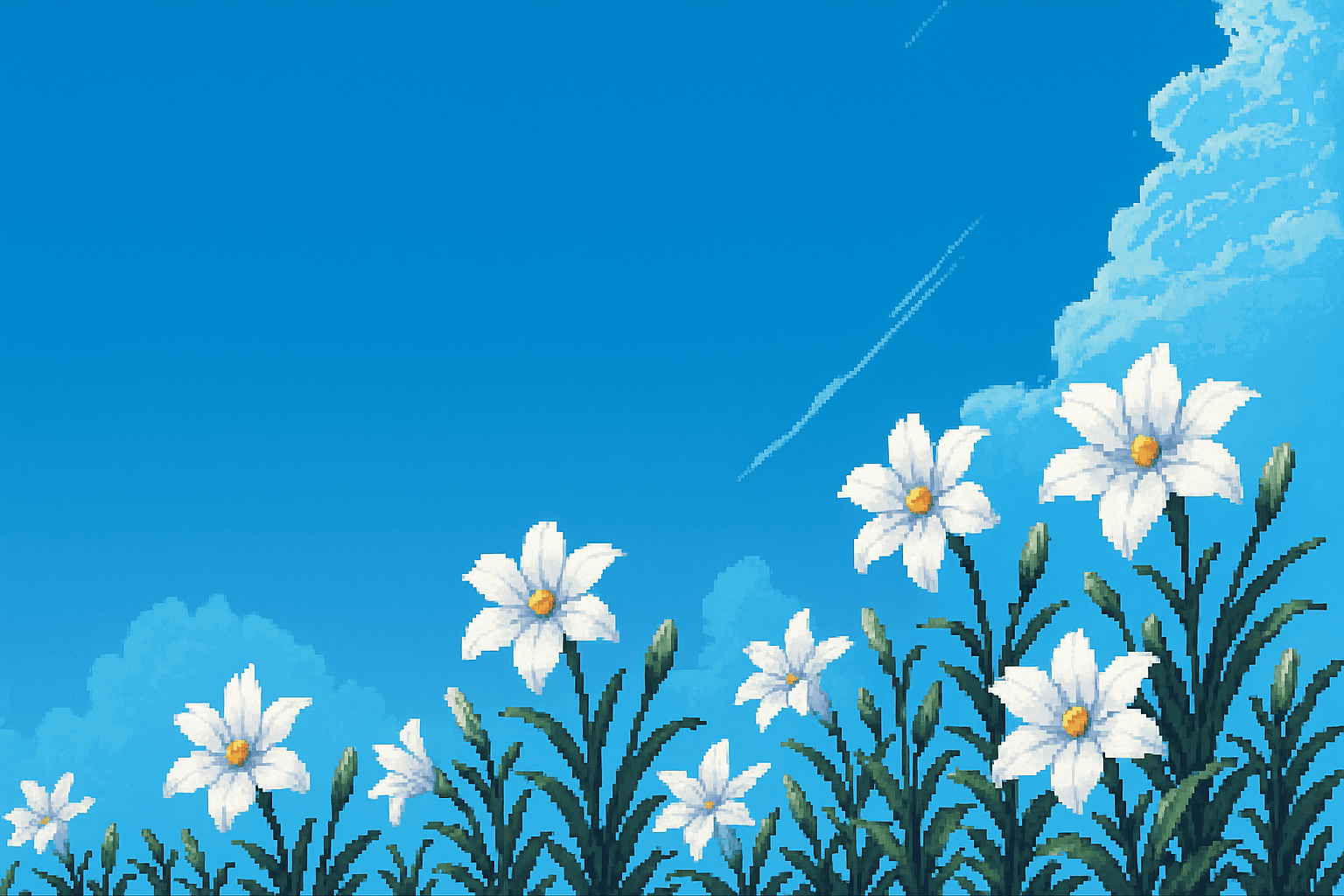 fleurs blanches ciel bleu pixel art
