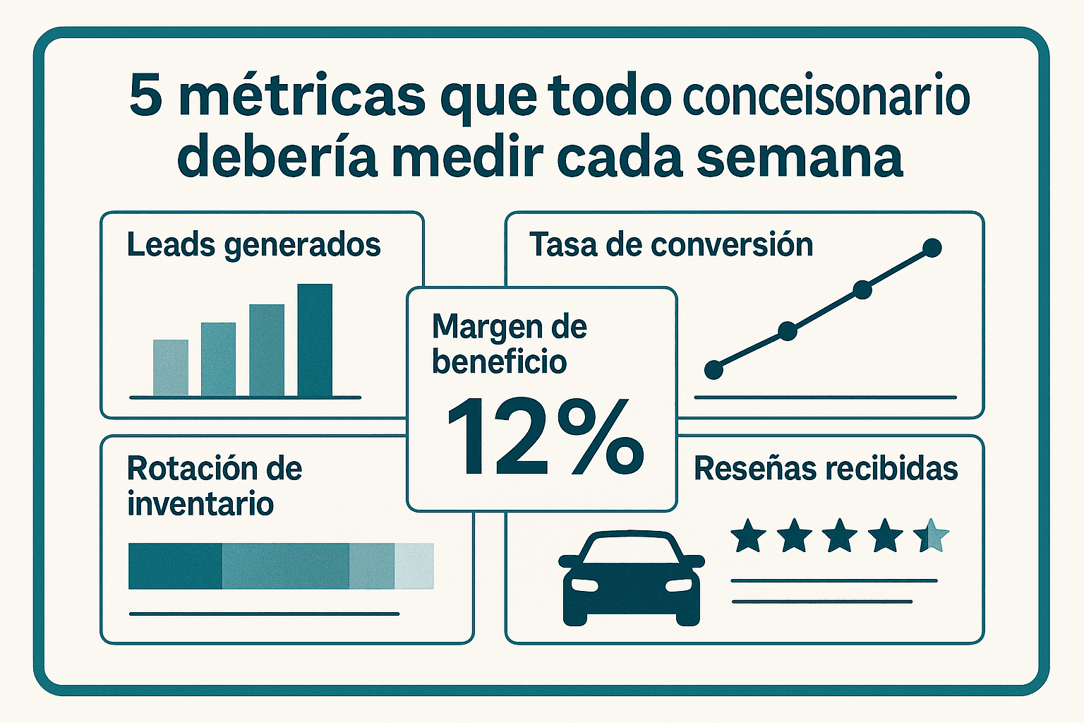 5 dealership metrics: leads, conversion rate, inventory, reviews, and margin.