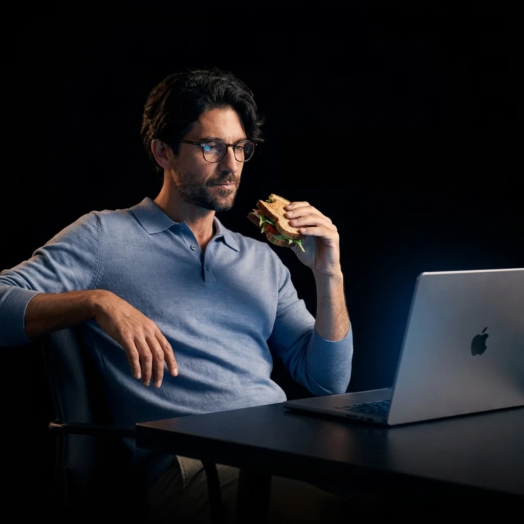 At a MacBook with a sandwich in hand