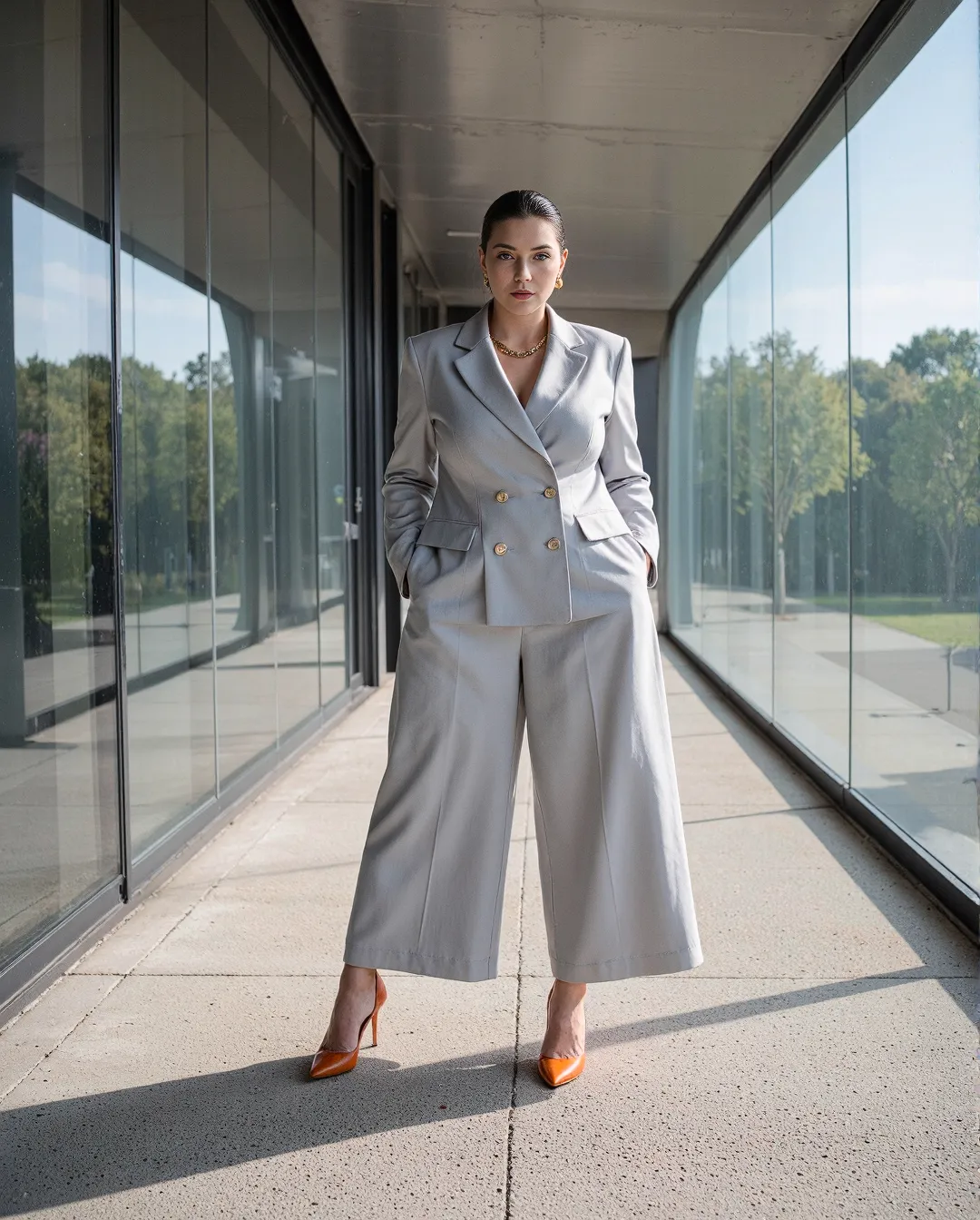 Elegant gray power suit with wide-leg trousers and double-breasted blazer, paired with striking orange heels in a glass corridor.