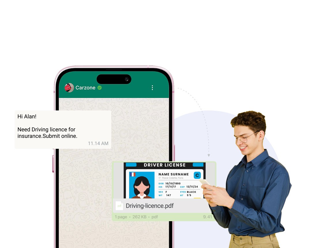 A smartphone screen showing a WhatsApp message from Carzone requesting a driving license for insurance submission, accompanied by a PDF file preview labeled 'Driving-licence.pdf' and a person holding the document