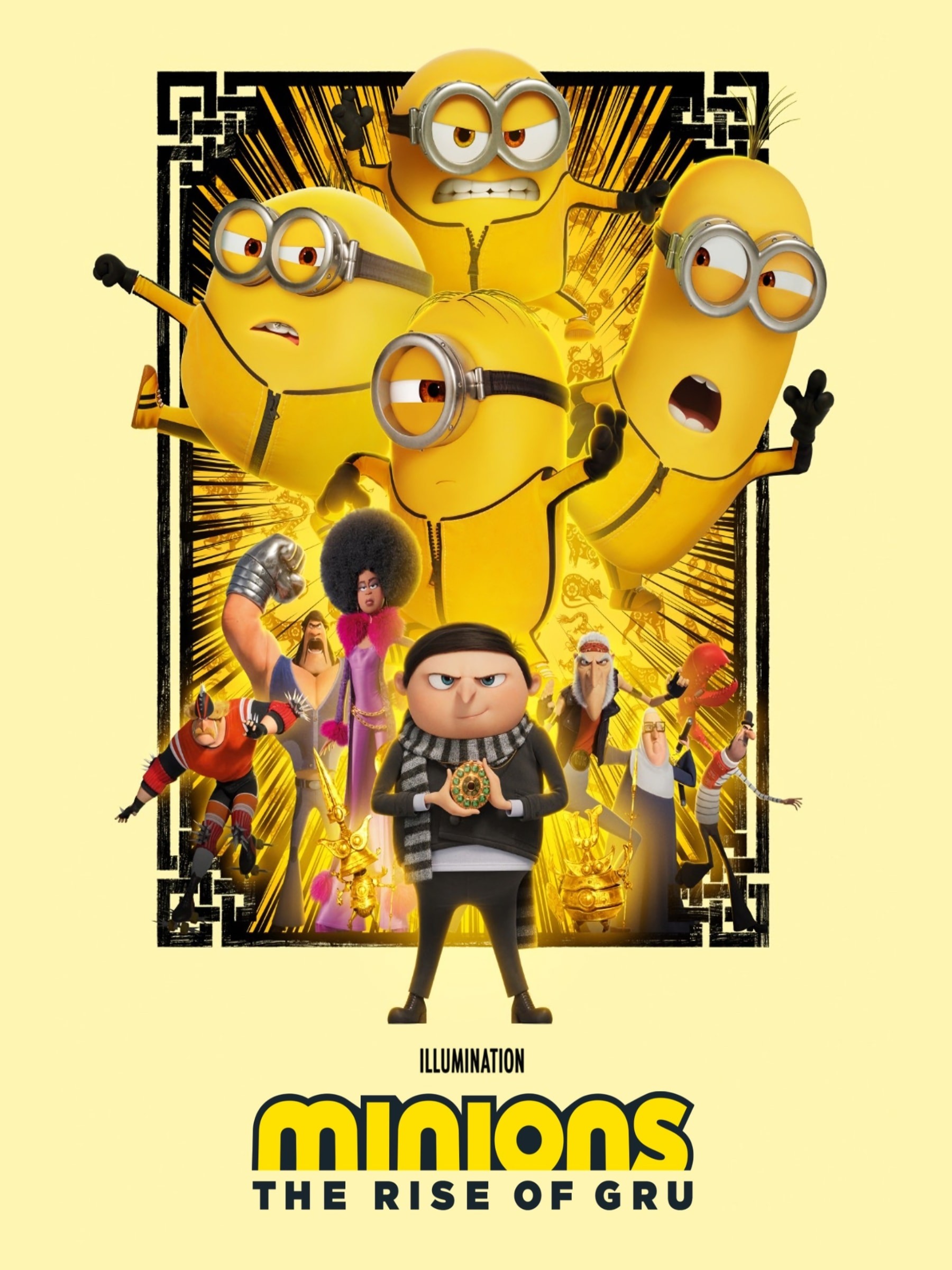 Movie poster for “Minions: The Rise of Gru” featuring young Gru and five Minions in yellow jumpsuits with bold action poses.