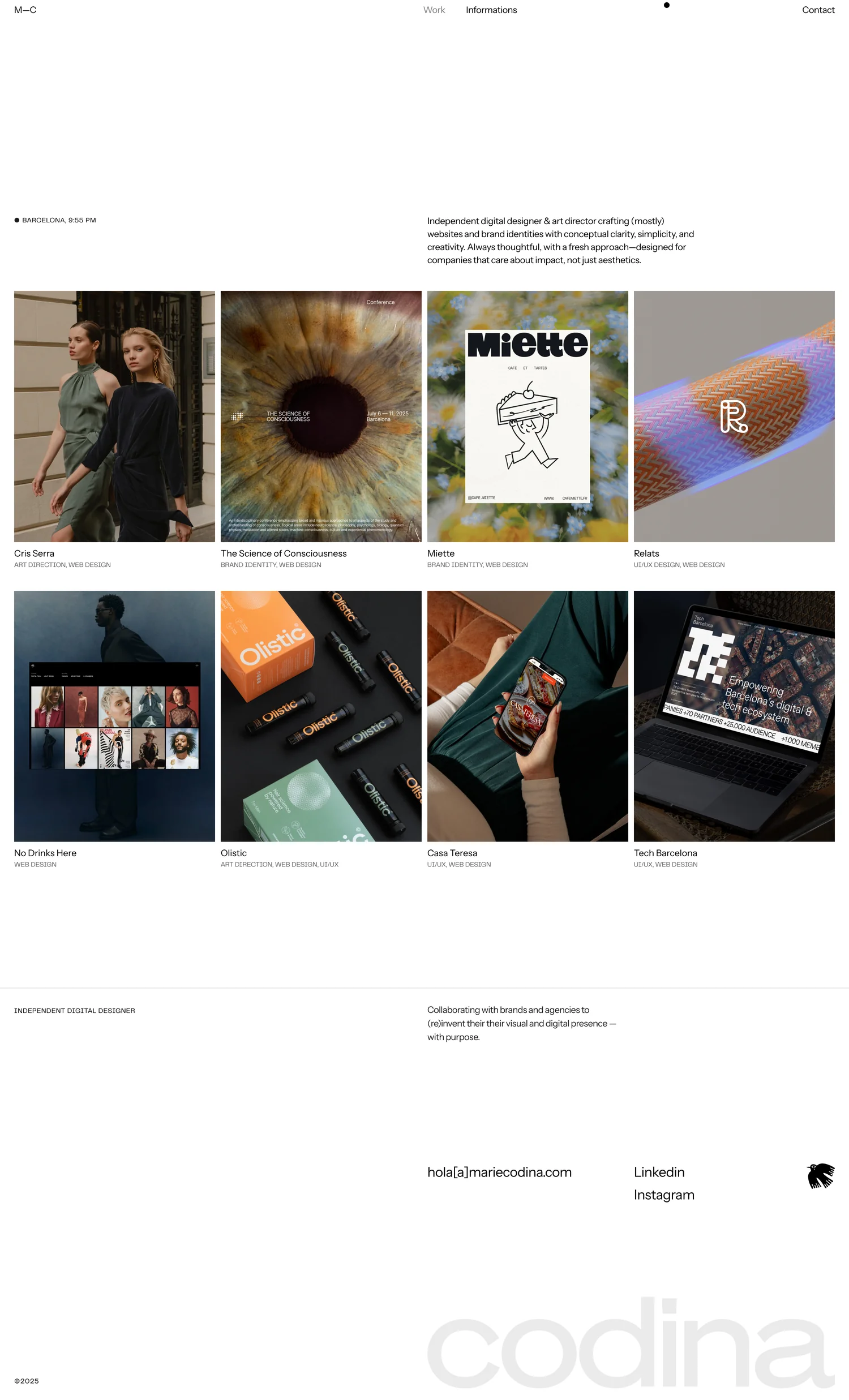 Marie Codina's website showcases her portfolio and services as a creative professional, offering insights into her work and expertise.