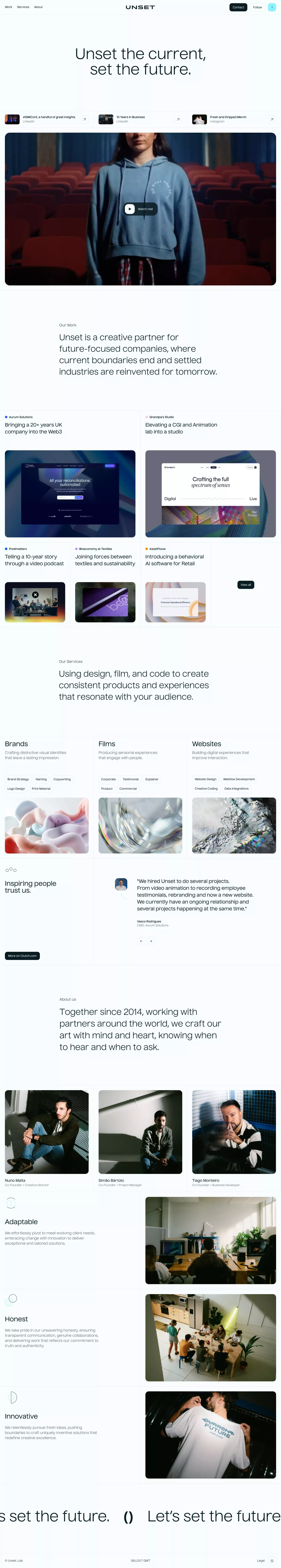 Unset Studio landing page screenshot showcasing Design and Tech design