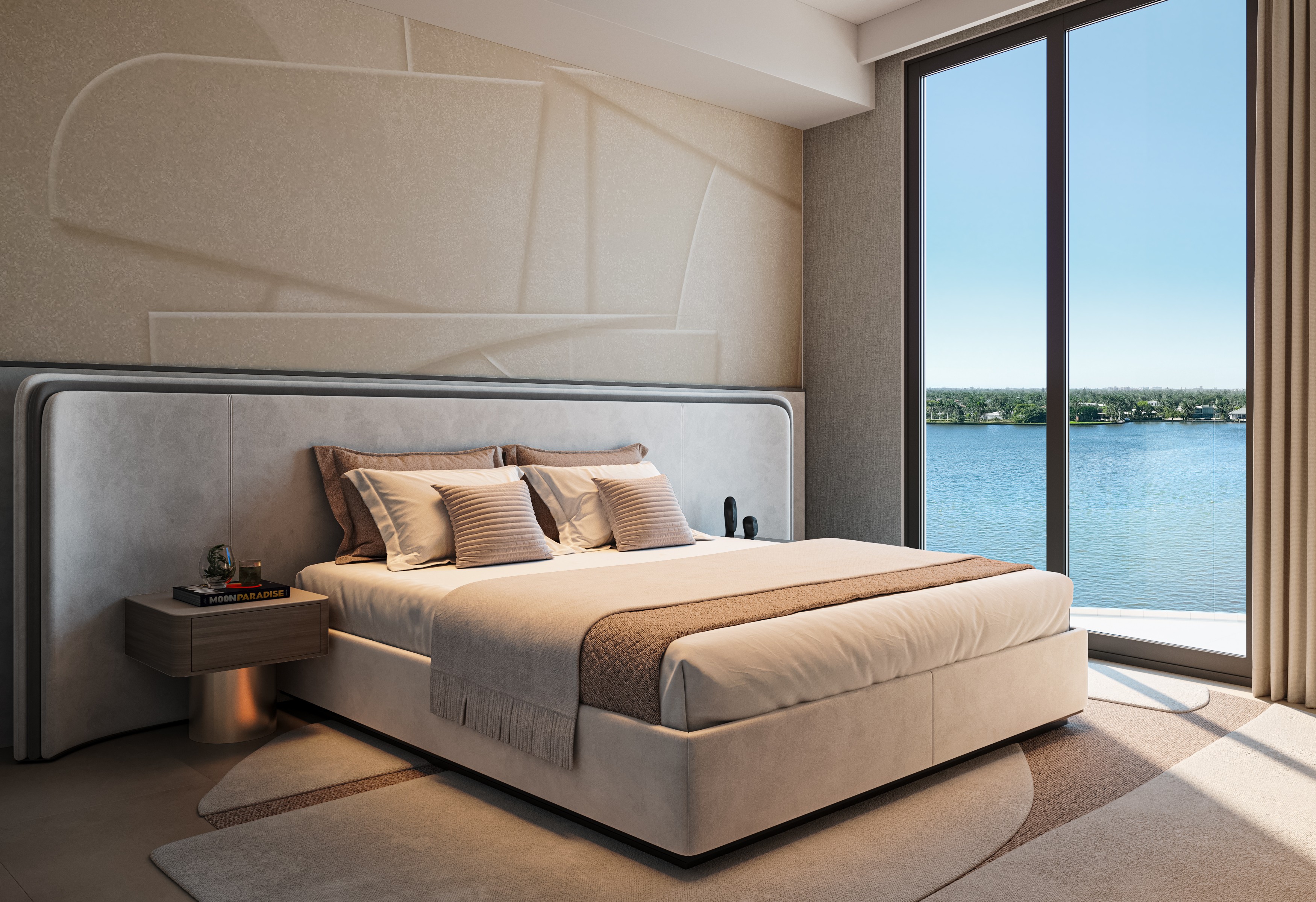 Hollywood Beach condo: primary bedroom with floor-to-ceiling windows and panoramic Intracoastal views.