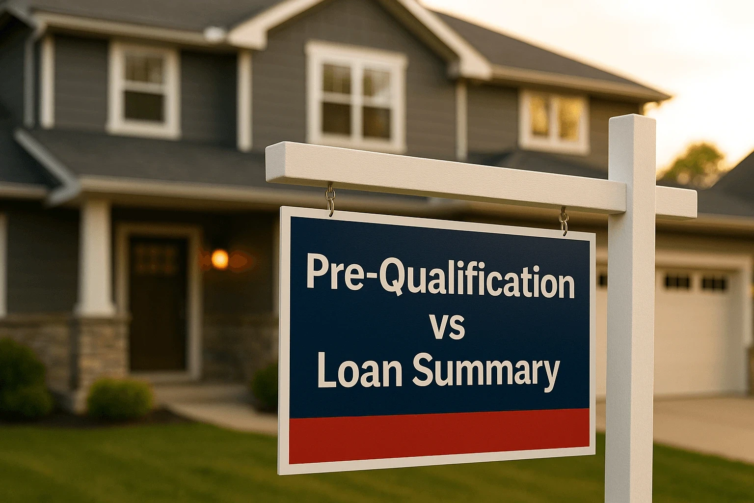 Real estate sign in front of a house displaying the words “Pre-qualification vs. Loan Summary”.