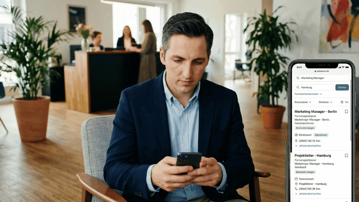 Junger Bewerber vergleicht Stellenangebote nach Benefits auf dem Smartphone