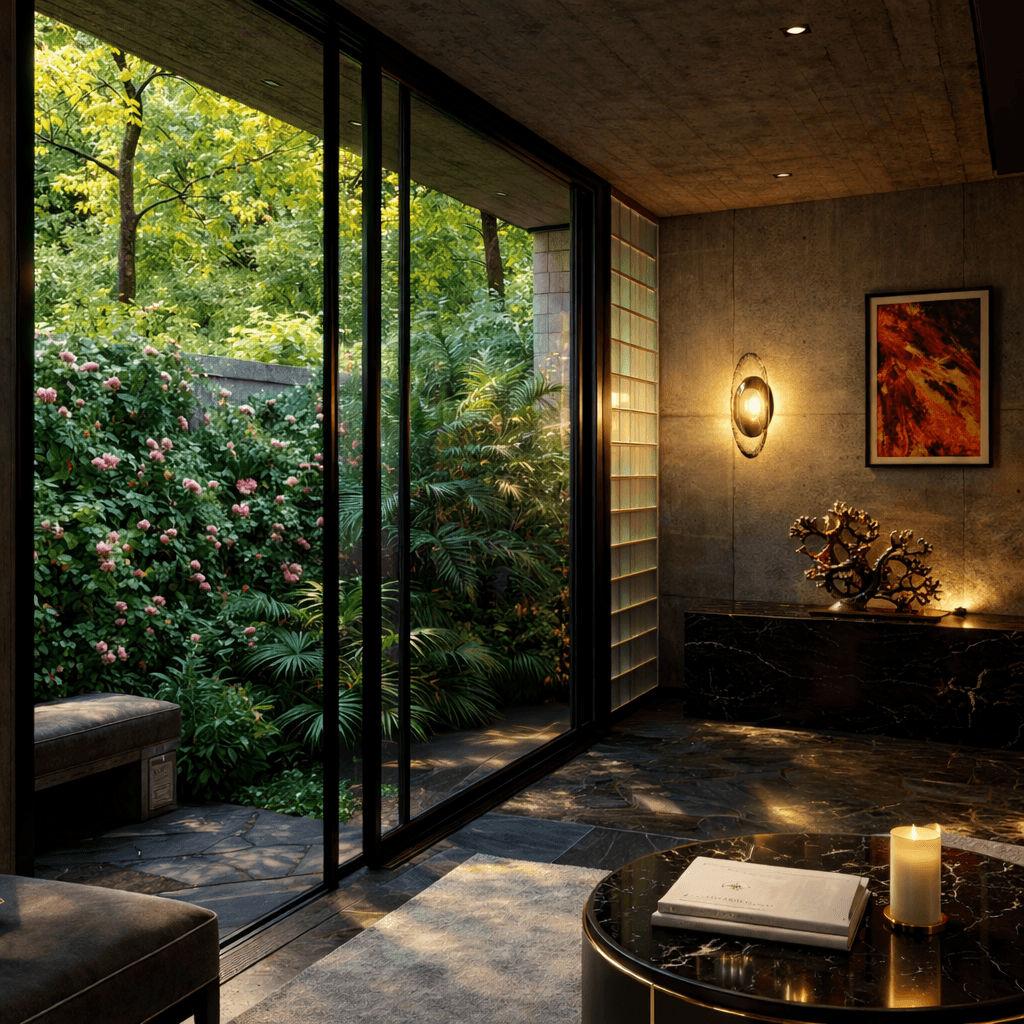 “Luxury modern interior featuring a sculptural wall sconce with warm ambient lighting, dark stone textures, floor-to-ceiling glass doors, and lush garden views, showcasing high-end architectural lighting design.”