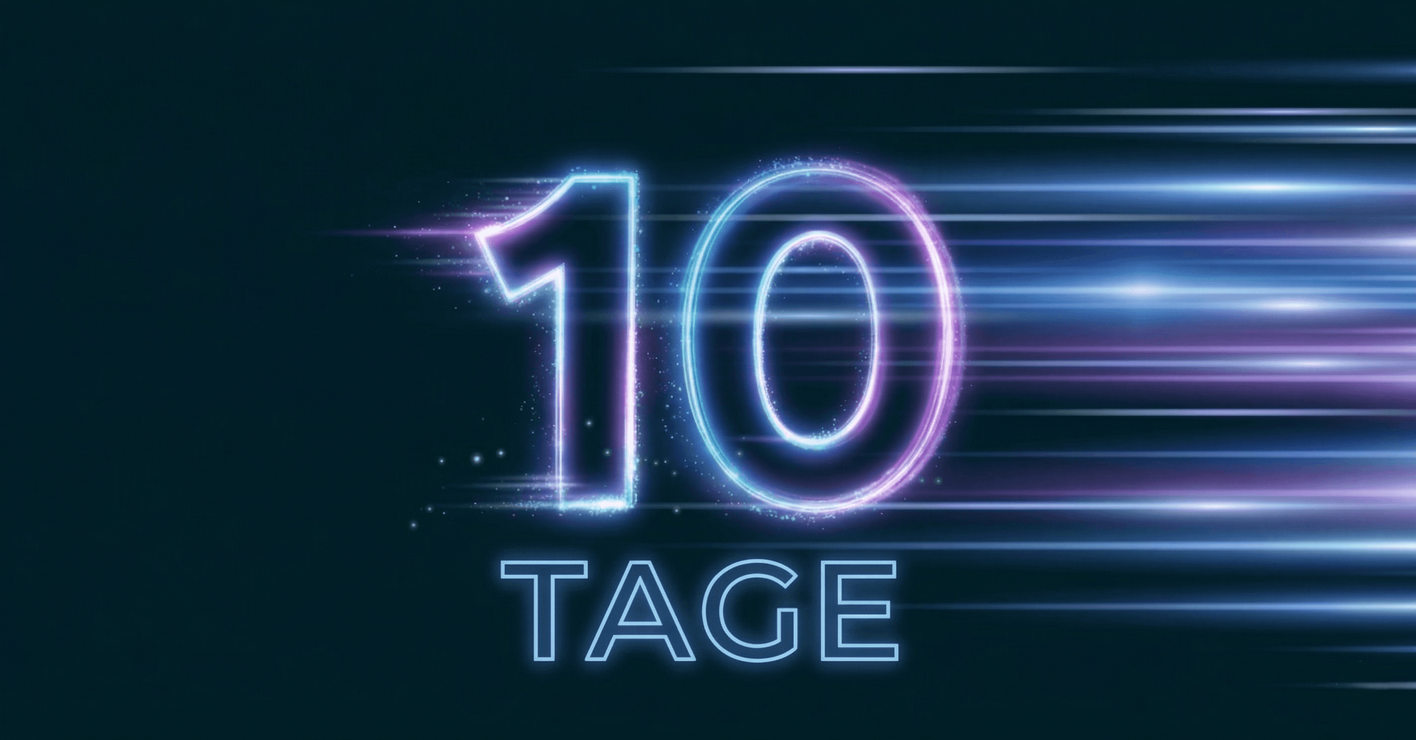 NOAVIA 10-Tage-Sprint für Prozessautomatisierung: Leuchtende Neon-Zahl 10 mit Geschwindigkeitsstreifen symbolisiert die schnelle Umsetzung von Genehmigungsworkflows, E-Rechnungs-Empfang und automatisierten KPI-Dashboards in nur zehn Tagen.