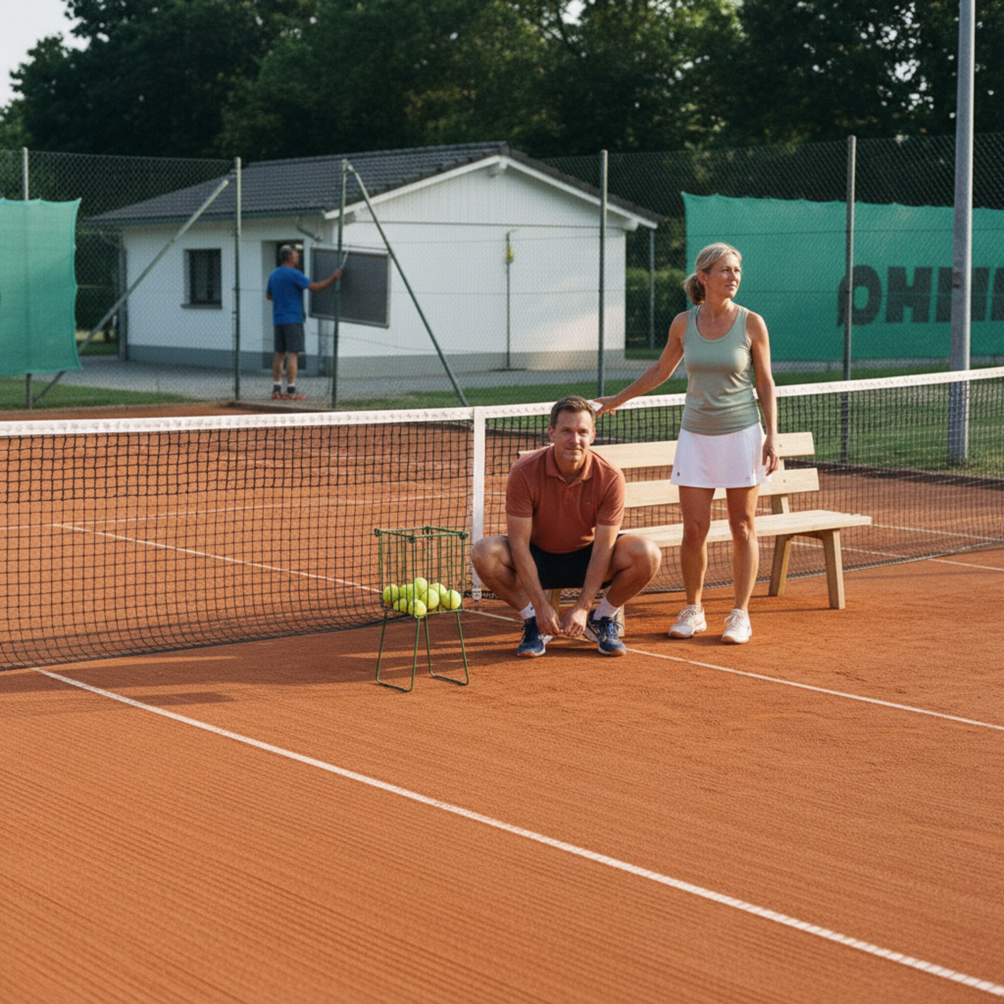 Ein frisch abgezogenes Sandfeld mit gleichmäßigen Harkenlinien wartet auf das nächste Spiel. Am Netz liegt ein Ballkorb, zwei Spieler schieben die Bank in den Schatten und binden die Schuhe. Hinter dem Zaun schiebt jemand den Abziehbesen zurück an seinen Haken.